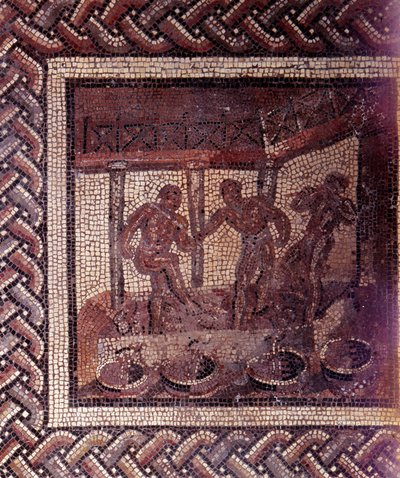 Gallorömische Kunst: Mosaikpflaster, das einen rustikalen Kalender darstellt. Szene des Traubenstampfens in einem Bottich. Ende 2. Anfang 3. Jahrhundert nach Christus. Aus Saint-Romain-en-Gal (Rhône). Saint Germain en Laye, Nationalmuseum für Archäologie von Gallo Roman