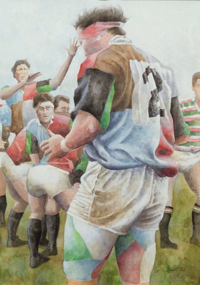 Rugbyspiel: Harlequins gegen Northampton, Brian Moore beim Line Out, 1992 von Gareth Lloyd Ball