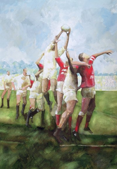 Rugbyspiel: Llanelli gegen Swansea, Line Out, 1992 von Gareth Lloyd Ball