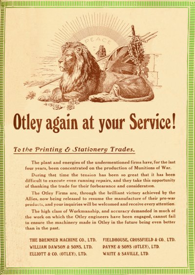 Otley wieder zu Ihren Diensten - Für die Druck- und Schreibwarenbranche, 1919 von Garratt and Atkinson