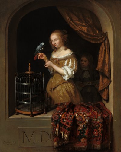 Eine Frau füttert einen Papagei, mit einem Pagen, 1666 von Gaspar Netscher