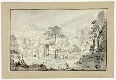 Jäger mit Hund, andere Figuren in Landschaft mit Villa, Kanal, Pyramide von Gaspar van Wittel