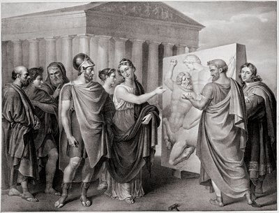 Der athenische Politiker Perikles (495-429 v. Chr.) und seine Gefährtin Aspasia leiten die Arbeiten von Phidias für das Parthenon in Athen (Stich nach einem Gemälde von Gaspare Landi) von Gaspare Landi