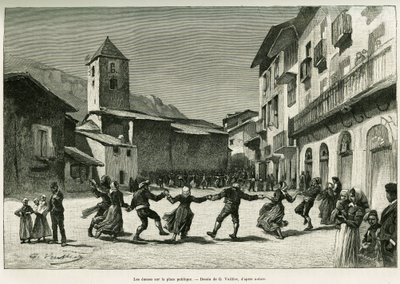 Tänze auf dem öffentlichen Platz. Gravur von G. Vuillier zur Illustration der Geschichte „Das Tal von Andorra“ von Gaston Vuillier, veröffentlicht in Le Tour du monde 1888 von Gaston Vuillier