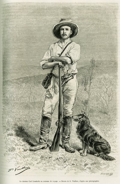 Porträt des Reisenden und Autors Carl Lumholtz. Gravur von G. Vuillier zur Illustration der Geschichte Chez les cannibales, voyage dans le nord-est d