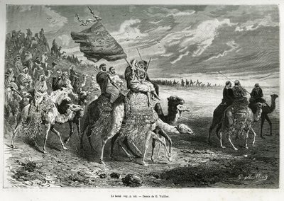 Der Berak, die Flagge von Emir Ibn Al Rashid (1872-1890) (Saudi-Arabien). Gravur von G. Vuillier, um die Geschichte „Pilgerfahrt nach Nedjed, Wiege der arabischen Rasse“ zu illustrieren, von Lady Anna Blunt, in 1878-1879, veröffentlicht in Le tour du monde von Gaston Vuillier