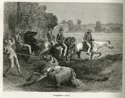 Die Expedition zu Pferd zur Erkundung des Teralbe-Tals, Gravur nach einer Zeichnung von G. Vuillier, um die Geschichte De Cayenne aux Andes von Jules Crevaux, Arzt der französischen Marine, in 1878-1879 zu illustrieren, veröffentlicht in der Tour du monde von Gaston Vuillier