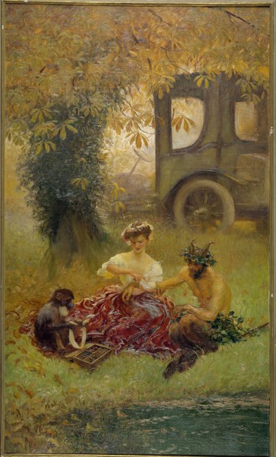 Eine junge Frau, unterstützt von einem Affen, heilt ein Wildtier von Gaston de la Touche