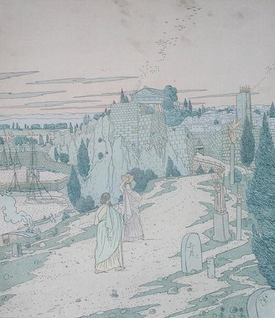 Odysseus trifft die Göttin Minerva, verkleidet als Mädchen mit einem Krug, Illustration aus Buch 6 der Odyssee, übersetzt von Lecomte de l