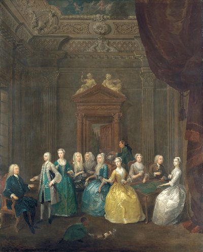Porträt der Familie Porten beim Tee in einem prächtigen Innenraum von Gawen Hamilton