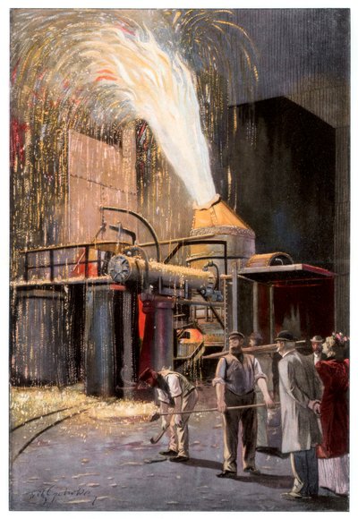 Entkohlung von Roheisen in einem Bessemer-Konverter, 1900 von Gehrke