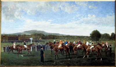 Abfahrt in Longchamp gegeben von Baron Foy im Jahr 1877. Pferdeaufstellung am Start eines Rennens auf der Rennbahn. von Geo Arnull