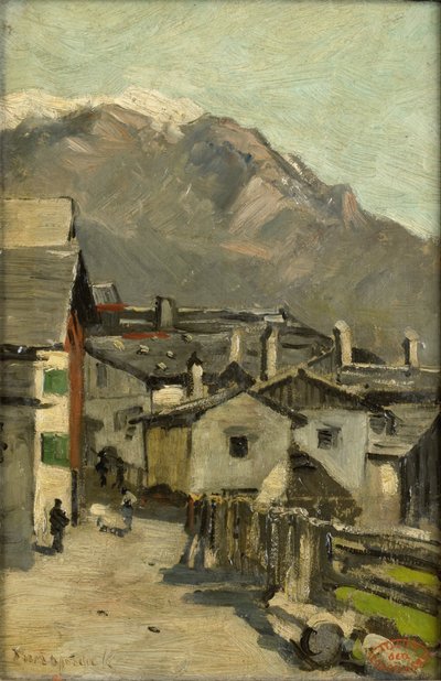 Häuser entlang einer Straße in der Nähe eines Berges (Innsbruck?) von Geo Poggenbeek