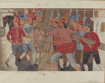 Station des Kreuzes Nr. 2: Das Kreuz wird auf Jesus gelegt, ca. 1936 von Geoffrey Holt