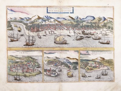 Ansicht von Kalkutta, Indien, und darunter kleinere Ansichten von Ormuz am Eingang des Persischen Golfs, Canonor in Indien und der portugiesischen Festung El Mina in Westafrika, 1572 von Georg Braun