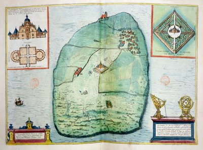 Das Schloss und Observatorium von Uraniborg auf der Insel Hven, Dänemark, erbaut ca. 1584 von Tycho Brahe (1546-1601), aus Urbium Praecipuarum Mundi Theatrum Quintum, veröffentlicht in Köln, 1598 von Georg Braun und Franz Hogenberg
