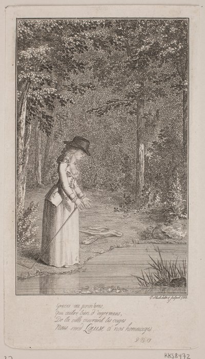 Eine junge Dame steht in einem Wald am Wasserufer von Georg Christian Schule