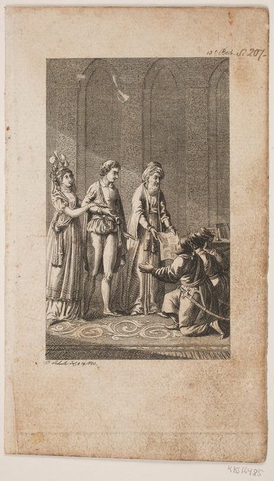 Illustration mit einem jungen Paar mit einem Orientalen und drei knienden türkischen Soldaten von Georg Christian Schule