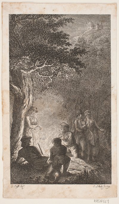 Illustration mit Figuren um ein Feuer von Georg Christian Schule