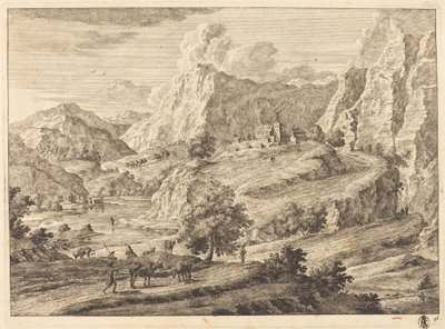 Gebirgige Landschaft mit Figuren und einem Kloster von Georg Eisenmann