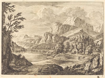 Gebirgige Landschaft mit einer Ruine und einer Bogenbrücke in der Ferne von Georg Eisenmann
