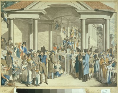 Gesundheitsgemeinschaft am Karlsbader Brunnen, 1810 (Aquatinta-Zeichnung) von Georg Emanuel Opitz