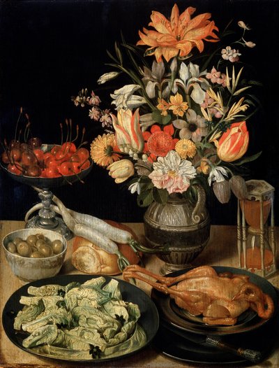 Stillleben mit Blumen und Snack, ca. 1630-1635 von Georg Flegel
