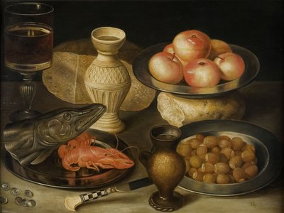 Stillleben mit Siegburger Steinzeugkrug, Glas, Messer, zwei Broten, frühes 17. Jahrhundert von Georg Flegel