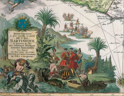 Karte von Martinique erstellt von Matthieu Seutter, Details: Kaufleute und amerikanische Ureinwohner von Georg Matthäus Seutter