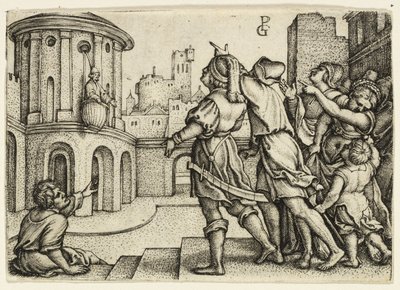 Virgil der Magier hängt im Korb von Georg Pencz