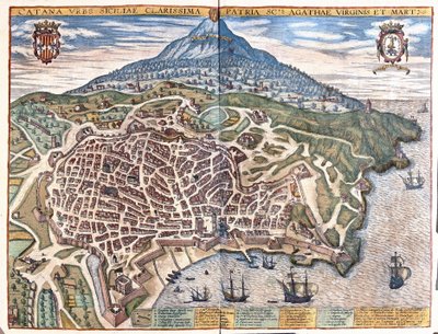 Catania, mit dem Ätna im Hintergrund, Sizilien, Italien (Stich) von Georg Braun and Hogenberg Franz