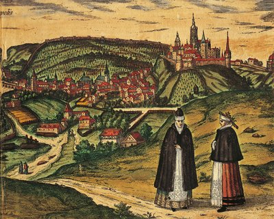 Tschechische Republik, Prag, Blick auf die Stadt mit der Zitadelle im Hintergrund, Farbgravur aus Civitates Orbis Terrarum von Georg Braun (1541-1622) und Franz Hogenberg (1535-1590) von Georg Braun and Hogenberg Franz