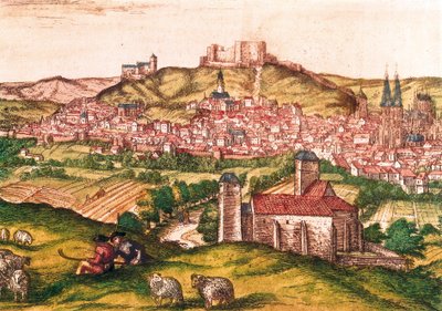 Stadt Burgos in Spanien mit Hirten und Schafherde im Vordergrund (1576) von Georg Braun and Hogenberg Franz