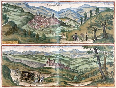 Nocera Umbra (Provinz Perugia) und Castelnuovo di Porto (Region Rom), Italien von Georg Braun and Hogenberg Franz
