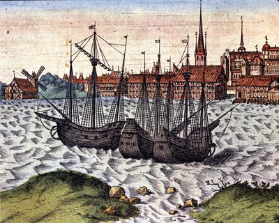 Der Hafen von Lübeck nach dem Theatrum Orbis Terrarum von Braun und Hogenberg. 17. Jahrhundert von Georg Braun and Hogenberg Franz