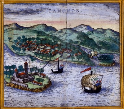 Ansicht von Canonor (oder Cannanore) in Indien aus einer Ausgabe von „Civitates Orbis Terrarum“ von Braun und Hogenberg von Georg Braun and Hogenberg Franz