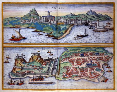 Ansicht des Hafens von Candia (heutiges Heraklion) auf Kreta und des Hafens von Korfu in Griechenland. Gravur von George Braun in „Civitatis Orbis Terrarum“ Band I, geschrieben von Franz Hogenberg von Georg Braun and Hogenberg Franz