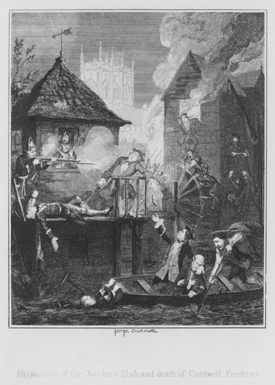 Zerstreuung des Jakobitenclubs und Tod von Cordwell Firebras von George (after) Cruikshank