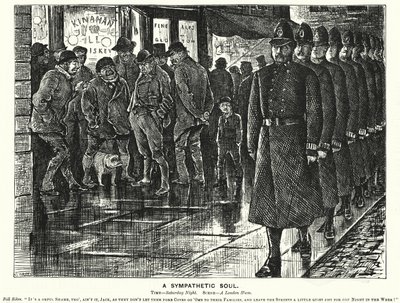 Punch-Karikatur: Eine mitfühlende Seele - Polizeiarbeit in den Slums von London von George (after) Du Maurier