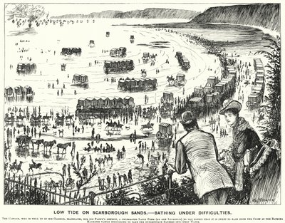 Punch-Karikatur: Ebbe auf den Scarborough Sands - Baden unter Schwierigkeiten (Gravur) von George (after) Du Maurier