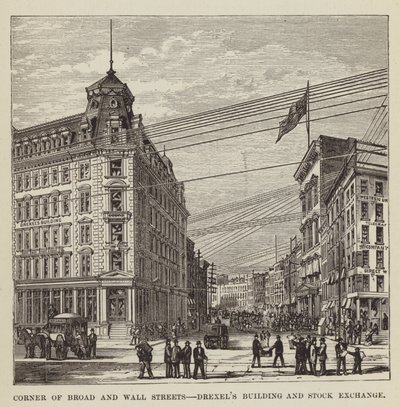 Ecke Broad und Wall Streets, Drexels Gebäude und Börse von George Augustus Sala