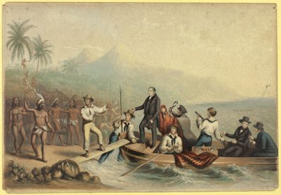 Der Empfang des Rev. J. Williams auf Tanna in den Südseeinseln, einen Tag vor seiner Ermordung von George Baxter