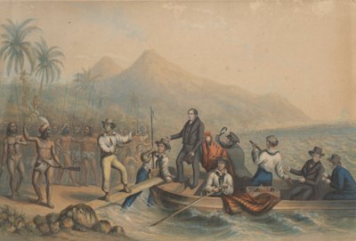 Die Aufnahme von Rev. J. Williams in Tanna in den Südseeinseln, einen Tag vor seiner Ermordung von George Baxter