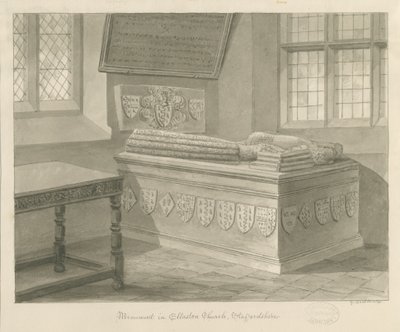 Ellastone Kirche - Denkmal für Sir John Fleetwood: Sepia-Zeichnung, 1841 von George Buckler