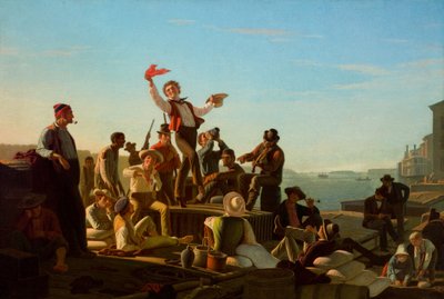 Fröhliche Flachbootmänner im Hafen von George Caleb Bingham
