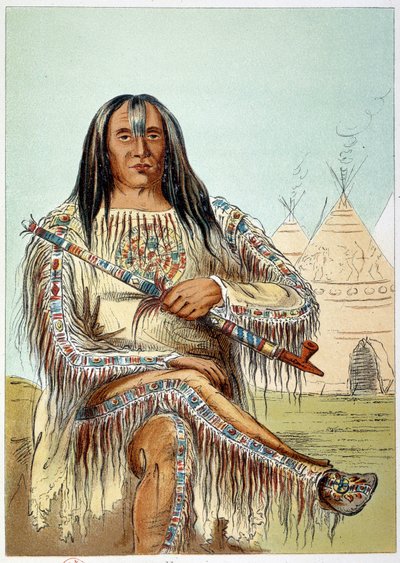 Indianer Amerikas: Porträt eines Anführers des Blackfoot-Stammes, etwa 50 Jahre alt. Illustration von George Catlin von George Catlin