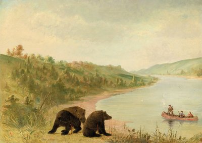 Catlin und seine Männer in ihrem Kanu, dringend aufgefordert, an Land zu kommen, Oberer Missouri von George Catlin
