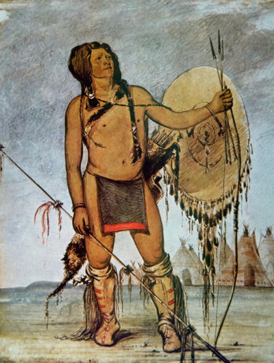 Comanche-Krieger mit Schild, Lanze und Bogen und Pfeilen, ca. 1835 von George Catlin