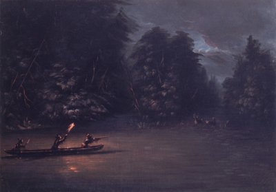 Hirschjagd bei Fackellicht in Rindenkanus von George Catlin