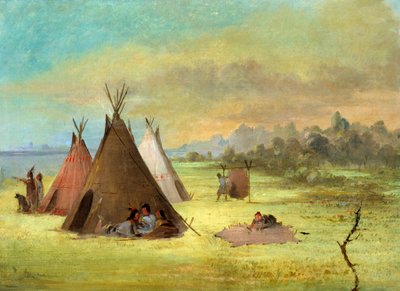 Indianerlager, Comanche oder Kiowa beim Häuten, Red River, 1846-1848 von George Catlin